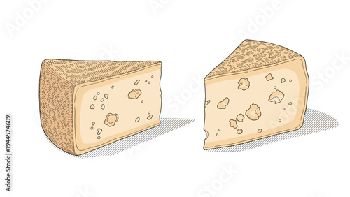 Two wedges of artisanal hard cheese with textured rinds and internal holes are displayed in a clean hand-drawn illustration style.