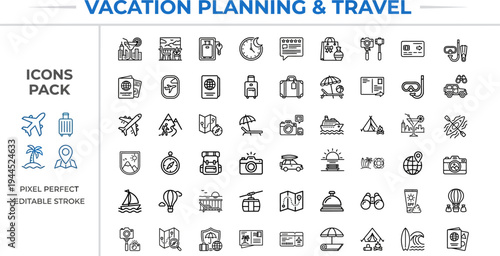 Vacation Planning & Travel Icons — Trip, Holiday, Beach, Airport, Booking, Passport, Luggage, Adventure, Editable Stroke Vector Icons for Designers