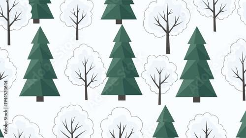 Seamless pattern of stylized green pine trees and white deciduous trees creates a minimalist forest scene for winter backgrounds.
