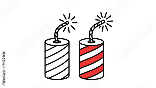 Pair of traditional red and white striped firecrackers with lit fuses emitting sparks depicted in a simple line art graphic.