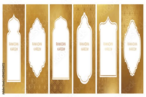 Elegant Golden Ramadan Kareem Banners with Intricate Islamic Frames for Festive Holiday Greetings and Invitations