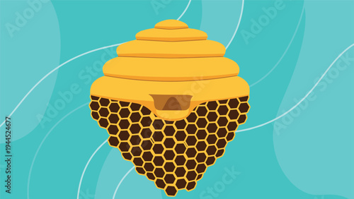 Traditional yellow beehive with rich honey dripping from the honeycomb cells is set against a vibrant blue textured background.