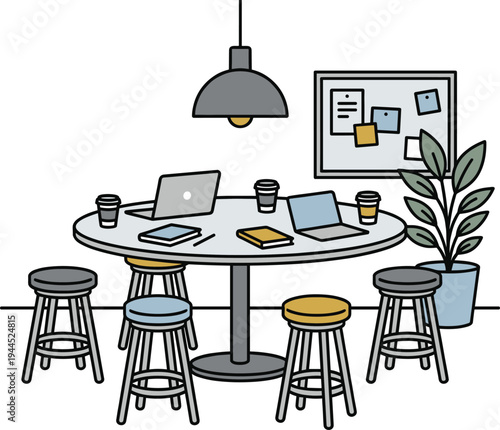 Modern coworking workspace with round table laptops coffee cups stools indoor plant and notice board flat outline vector illustration office collaboration concept