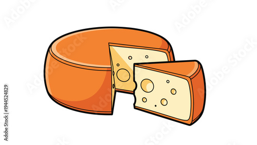 Orange rinded cheese wheel with a large wedge removed sits on a pale background showing its holey texture in a flat cartoon style.