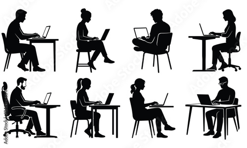 Set of people working on laptops silhouettes, men and women sitting at desks and chairs, remote work, freelancers, students using computers, modern workspace concept