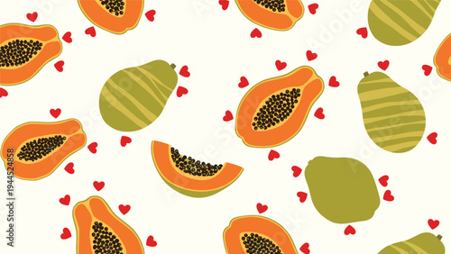 Tropical fruit pattern shows whole green papayas and sliced orange papayas surrounded by small red hearts on an off-white field.