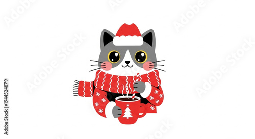 Cute gray cat wearing Santa hat and red scarf holding coffee cup Christmas holiday