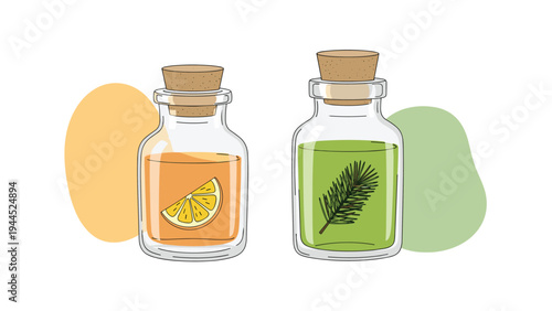 Two vintage apothecary jars with cork stoppers contain orange citrus and green pine needle infusions for natural wellness.