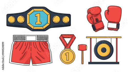 Comprehensive boxing sports set includes a championship belt, red gloves, matching shorts, a gold medal, and a traditional gong.