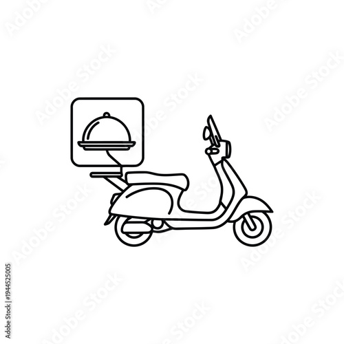 Illustration of black line drawing of a food delivery scooter with a covered dish vector