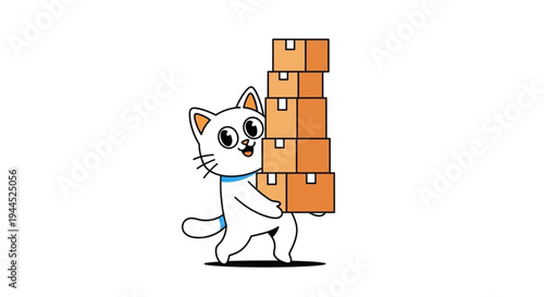 Cute white cat carrying cardboard moving boxes stack playful flat design vector illustration