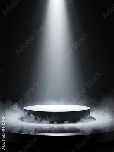 Dramatic spotlight on a round stage with smoke effects isolated on transparent background