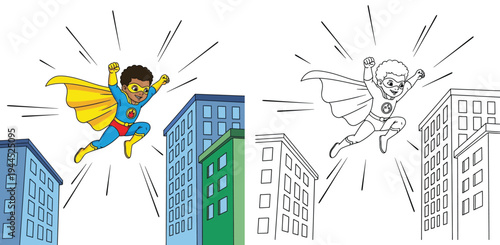Dynamic African American Superhero Boy Flying Over City - Cartoon Style
