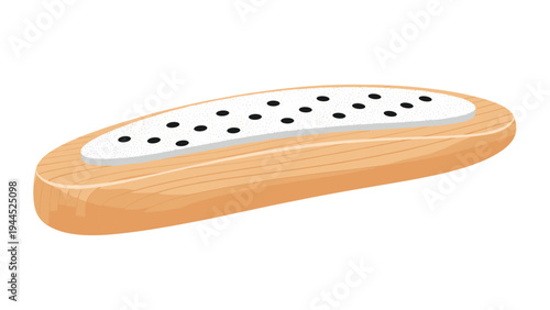 Refreshing slice of white pitaya or dragon fruit with its characteristic black seeds is presented on a wooden cutting board.