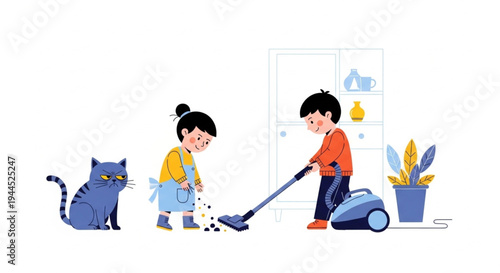Children cleaning home with cat and vacuum cartoon flat design illustration
