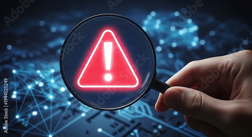 A magnified warning sign with a red triangle and exclamation mark against a futuristic blue circuit board background