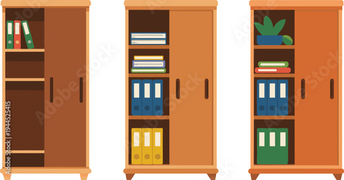 Wooden office cabinets with shelves binders books and plant storage furniture set modern workspace organization flat vector illustration isolated