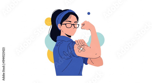 Young woman stretching arm muscles in blue workout gear with glasses and ponytail