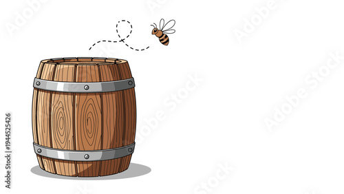 Rustic wooden barrel with metal hoops is shown next to a small honey bee flying through the air with a dotted trail line.