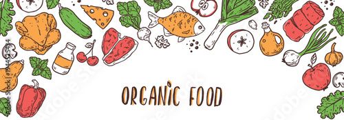 Organic food sketch doodles . Whimsical food doodles, Hand drawn vector illustration for menu, packaging design. Food quirky icons, simple sketch style. Top view. Simply fun