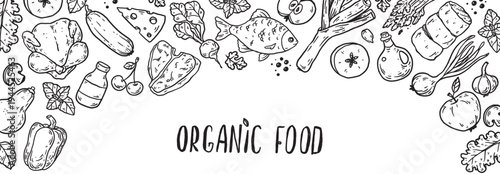 Organic food sketch doodles . Whimsical food doodles, Hand drawn vector illustration for menu, packaging design. Food quirky icons, simple sketch style. Top view. Simply fun