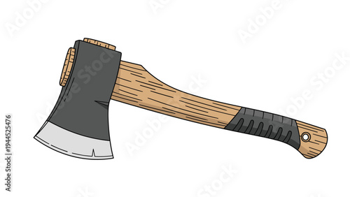 Durable hand axe tool with a sharp metal blade and an ergonomic wooden handle featuring a black rubber grip for outdoor use.