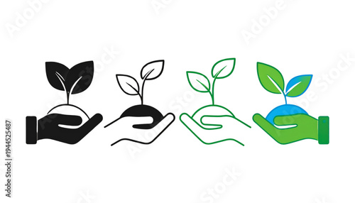 A sequence of images showing a seed growing into a plant with human hands involved in the process isolated on transparent background