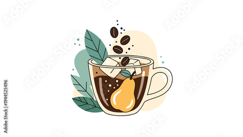 Refreshing cup of iced coffee is artistically rendered with whole coffee beans, green leaves, and a yellow pear illustration.