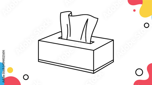 Minimalist line drawing of a rectangular tissue box shows two soft tissues being pulled out, framed by colorful abstract corner blobs.
