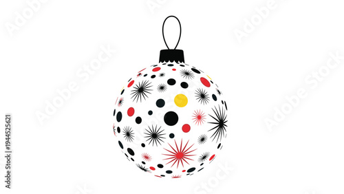 Festive white Christmas ornament is decorated with a modern pattern of black, red, and yellow dots and starburst shapes for holidays.