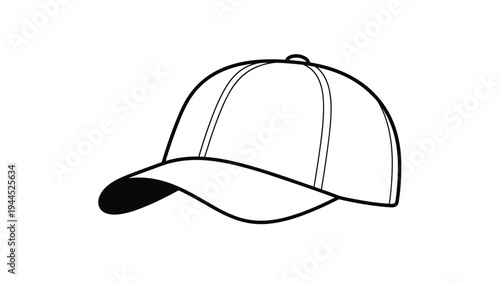 Simple black and white outline of a classic baseball cap is shown from a side perspective against a clean white background for design.