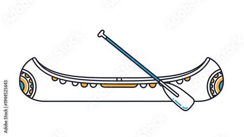 Traditional canoe illustration features decorative patterns on the ends with a single wooden oar resting against the side of the boat.