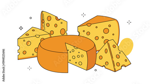 Assorted types of yellow cheese are illustrated together including Swiss wedges with holes and a whole round block with a slice removed.