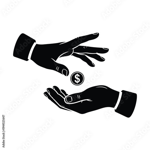 Illustration of black and white illustration of two hands exchanging a dollar coin vector