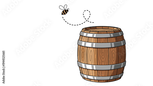 Rustic wooden barrel with silver metal hoops is depicted with a cute little honeybee flying above it, leaving a dotted path in the air.