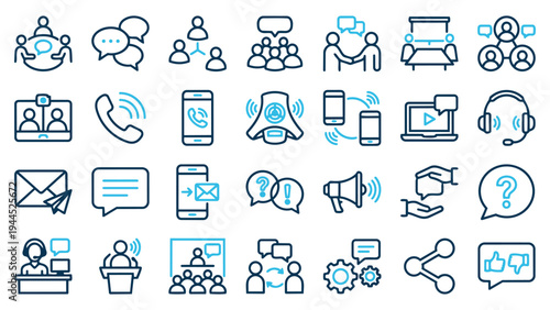 Comprehensive Digital Communication and Online Meeting Line Icons for Remote Work and Virtual Collaboration