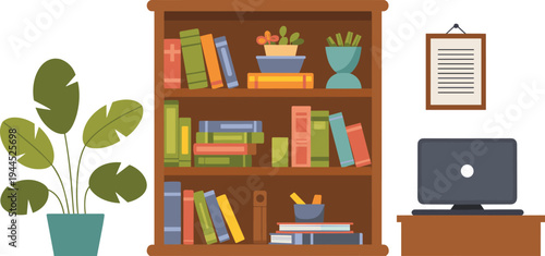 Home office workspace interior with bookshelf books potted plants computer desk and wall frame modern study room flat vector illustration