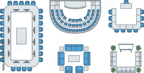 Top view meeting room furniture layouts including conference table auditorium seating lounge sofa arrangement modern office interior planning vector illustration