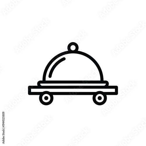 Illustration of a black line drawing of a covered serving dish on a cart with wheels vector