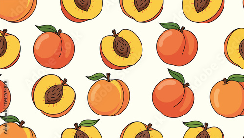 Vibrant seamless pattern consists of many whole and halved peaches with large brown pits and green leaves on a light cream background.
