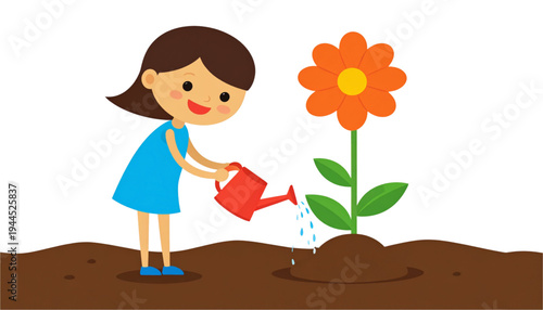 A young girl wearing a pink dress and a red hair bow, planting a vibrant yellow flower. isolated on transparent background