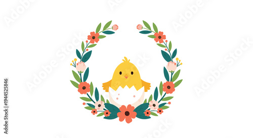 Adorable yellow chick hatching from a white egg shell within a colorful floral wreath of summer flowers and green leaves.