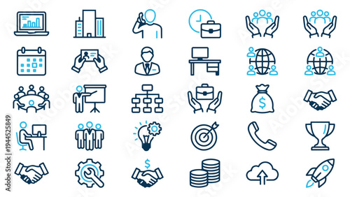 Extensive Collection of Business, Finance, and Technology Line Icons for Modern Corporate Design and Digital Projects