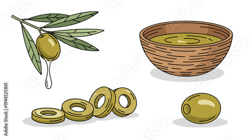Comprehensive olive oil illustration set includes a branch dripping oil, a bowl of liquid gold, sliced olives, and a whole green fruit.