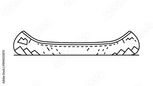 Simple black line drawing shows a canoe silhouette decorated with a mountain range and sun landscape design on its side paneling.