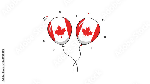 Pair of festive white balloons featuring the Canadian flag design with a red maple leaf float together among small decorative elements.