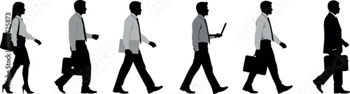 Business people silhouettes walking with briefcase coffee and laptop professional office workers corporate team black vector illustration set