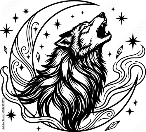 Howling wolf with crescent moon and stars line art