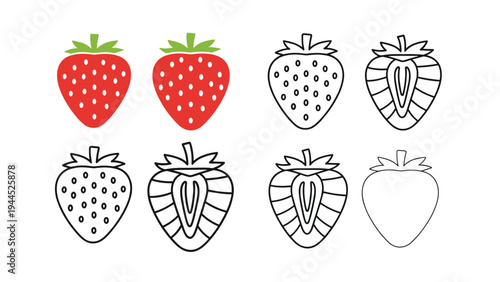 Variety of strawberry illustrations are shown including whole red berries, cross sections with seeds, and simple line art versions of the fruit.