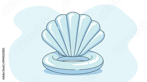 Beautiful light blue seashell is partially opened to reveal a white pearl resting inside, set against a soft and wavy blue background.